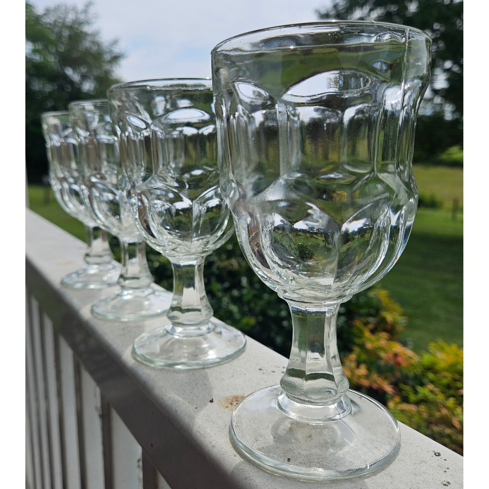 VTG Libby Ashburton Clear Pressed Glass Thumbprint Goblets Set of 4